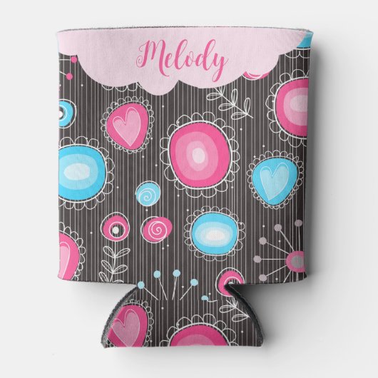 Vreemde roze blauwe harten en bloemen bloemnaam blikjeskoeler (Voorkant)