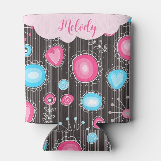 Vreemde roze blauwe harten en bloemen bloemnaam blikjeskoeler (Achterkant)