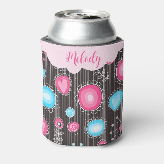 Vreemde roze blauwe harten en bloemen bloemnaam blikjeskoeler (Blikje Achterkant)