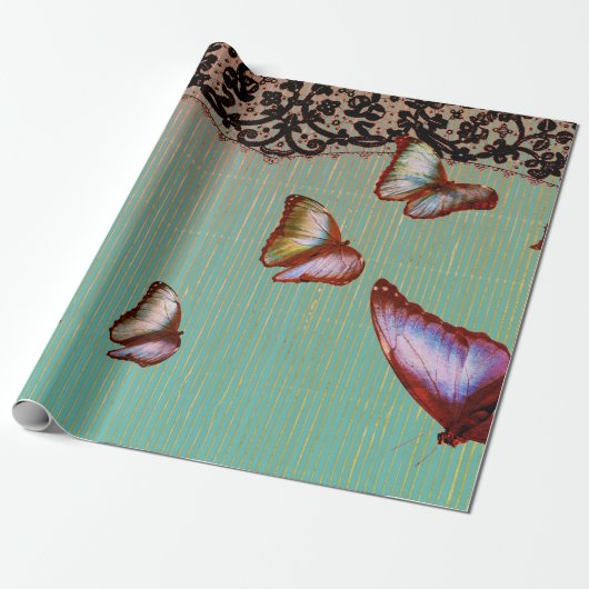 VREEMDE STRIPEN IN GROENE RUIMTE EN BUTTERFLIES CADEAUPAPIER (Uitgerold)