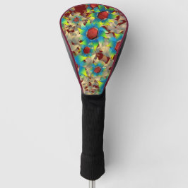 Vreemde virtuele bloem, blauw en geel blad op rood golfheadcover
