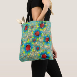 Vreemde virtuele bloemen, blauw gele bloem op blau tote bag