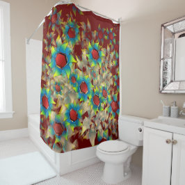 Vreemde virtuele bloemen, blauwe bladen op donkerr douchegordijn