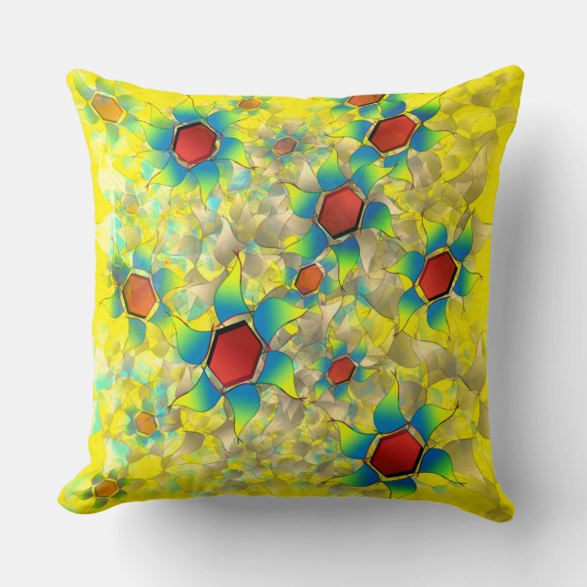 'Vreemde virtuele bloemen', blauwe bladen op geel Kussen (Voorkant)