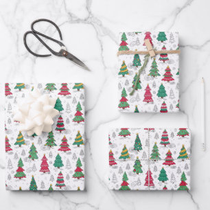 Vreemde Whimsical Gedecoreerde Kerstbomen Doodles Inpakpapier Vel