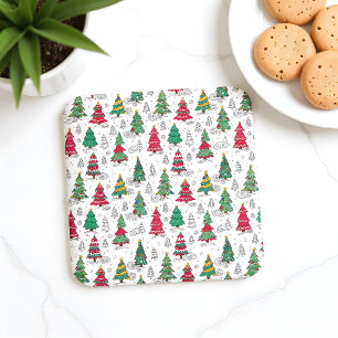 Vreemde Whimsical Gedecoreerde Kerstbomen Doodles Kartonnen Onderzetters