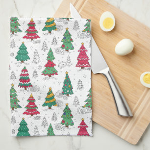 Vreemde Whimsical Gedecoreerde Kerstbomen Doodles Theedoek