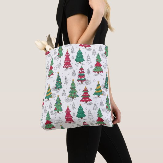 Vreemde Whimsical Gedecoreerde Kerstbomen Doodles Tote Bag (Dichtbij)
