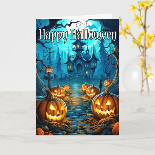 Vreselijk oud spookhuis | Happy Halloween Kaart (Gele Bloem)