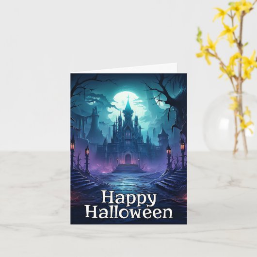 Vreselijk spookachtig spookhuis | Happy Halloween Kaart (Gele Bloem)