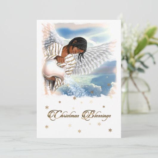 Vreugde aan de Wereld. Afro-Amerikale engel Feestdagenkaart (Staand voorkant)