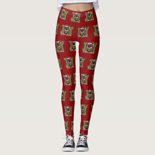 Vreugde aan de wereld Kerstmis Pug Santa Leggings (Voorkant)