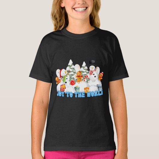 Vreugde aan de wereld Kerstmis Sneeuwman T-shirt (Voorkant)