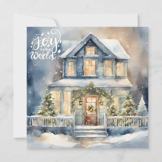 Vreugde aan de Wereld Kerstmis Snowy Night House Feestdagenkaart (Voorkant)