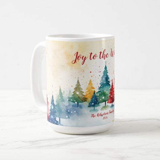 Vreugde aan de Wereld Kleurrijke Bomen Kerstmis Koffiemok (Voorkant links)
