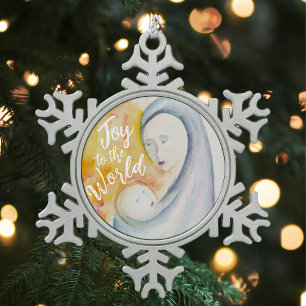 Vreugde aan de Wereld Madonna en Kind Waterverf Tin Sneeuwvlok Ornament