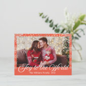 vreugde aan de wereld, sneeuwvlokken glinsteren ro feestdagenkaart (Staand voorkant)