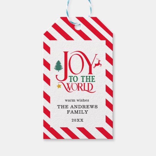 "Vreugde aan de wereld" Stripes-Deer Tree Star Cadeaulabel (Voorkant)