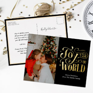 Vreugde aan de Wereld Zwart Goud Script Foto Moder Folie Feestdagen Briefkaart