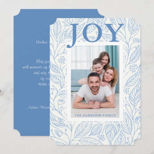 Vreugde Blauw Wit Bloemen Gepersonaliseerde Foto Feestdagenkaart (Voorkant / Achterkant)