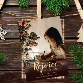 Vreugde Brown geruite rustieke religieuze kerst Feestdagenkaart