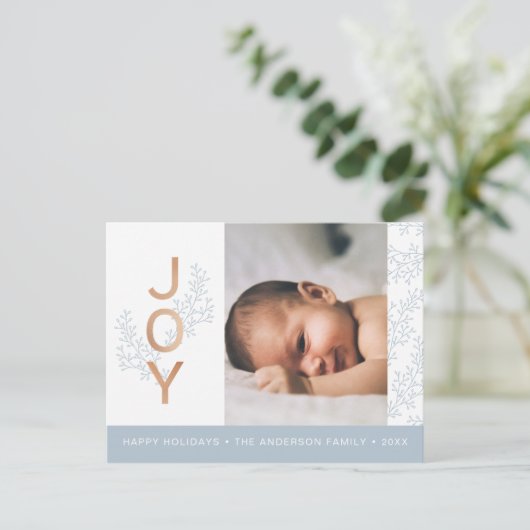 VREUGDE | Elegant gebladerte Baby fotovakantie Briefkaart (Staand voorkant)
