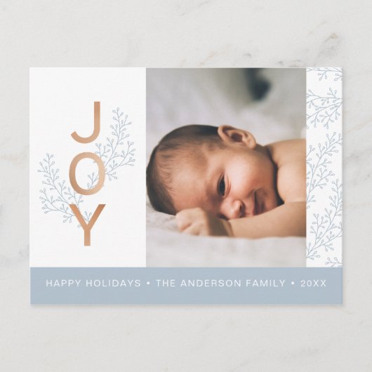 VREUGDE | Elegant gebladerte Baby fotovakantie Briefkaart (Voorkant)