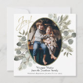 Vreugde! Eucalyptus Bladeren & Pine Gold Foto Lijs Feestdagenkaart (Voorkant)