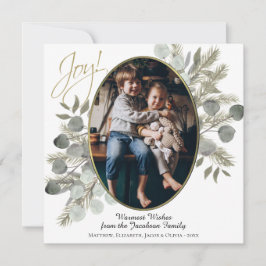 Vreugde! Eucalyptus Bladeren & Pine Gold Foto Lijs Feestdagenkaart