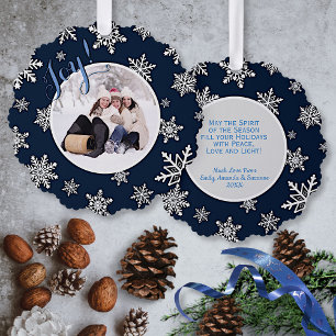 Vreugde! Feestelijke sneeuwvlokken op Navy Blue Va Ornament Kaart