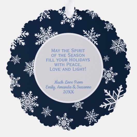 Vreugde! Feestelijke sneeuwvlokken op Navy Blue Va Ornament Kaart (Achterkant)