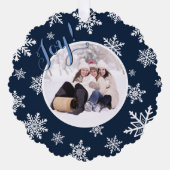 Vreugde! Feestelijke sneeuwvlokken op Navy Blue Va Ornament Kaart (Voorkant)