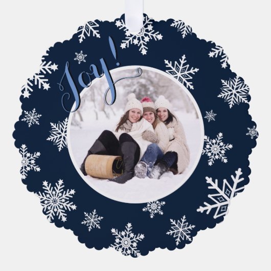 Vreugde! Feestelijke sneeuwvlokken op Navy Blue Va Ornament Kaart (Voorkant)