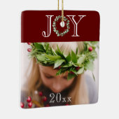 Vreugde Foto Gepersonaliseerde Rode Kerstmis Keramisch Ornament (Rechts)