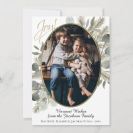 Vreugde! Golden Pine & Eucalyptus Waterverf Foto Feestdagenkaart