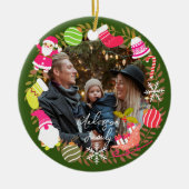 Vreugde Kerstmis Foto Groen Keramisch Ornament (Voorkant)
