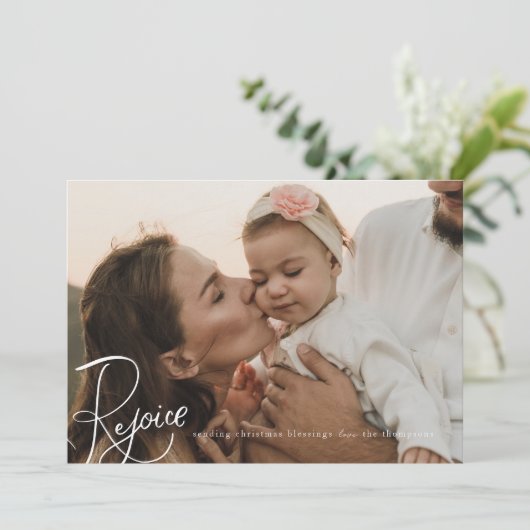 Vreugde Kerstmis Fotokaart Eenvoudige Witte Vakant Feestdagenkaart (Staand voorkant)