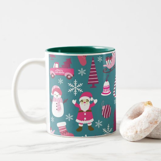 Vreugde Kerstmis Turquoise Tweekleurige Koffiemok (Met donut)