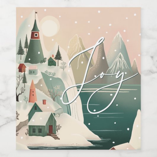 Vreugde. Kerstmis winter bergdorp landschap Wijn Etiket (Enkel label)