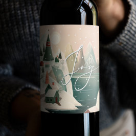 Vreugde. Kerstmis winter bergdorp landschap Wijn Etiket