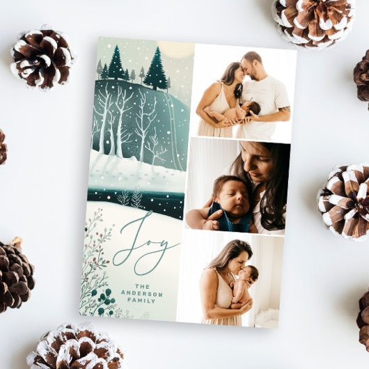 Vreugde. Kerstsneeuw winter bos collage foto Feestdagenkaart