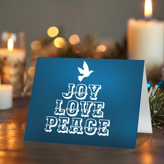 Vreugde liefde vrede duif wit kerstboom blauw kaart
