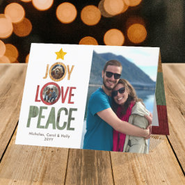 Vreugde Liefde Vrede Rustieke 3-foto Kerstboom Feestdagen Kaart
