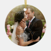 Vreugde Onze Eerste Kerstmis als Mr & Mrs 2 Foto's Keramisch Ornament (Voorkant)