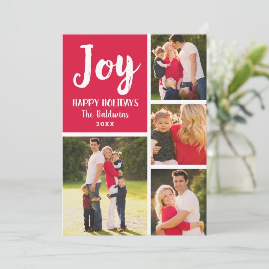 Vreugde Rood Geborsteld Script Fotocollage Feestdagenkaart (Staand voorkant)