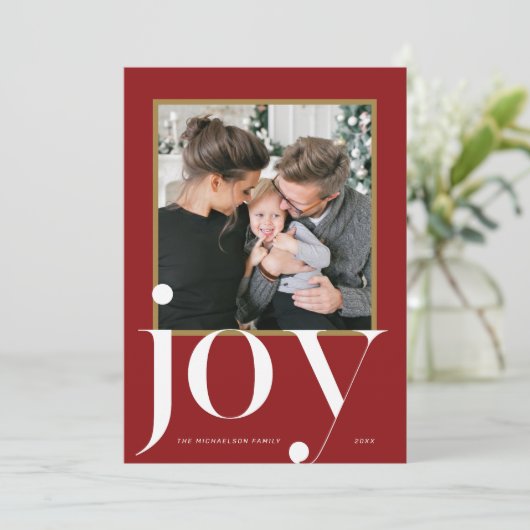 Vreugde Rood Ingelijste Foto Winter Foliage Kerstm Kaart (Staand voorkant)