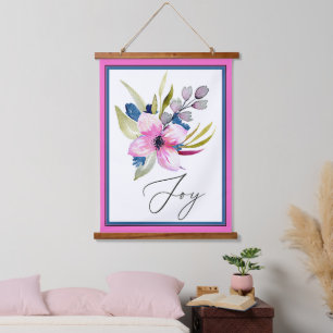 Vreugde roze en blauwe waterverf bloem hangend wandkleed