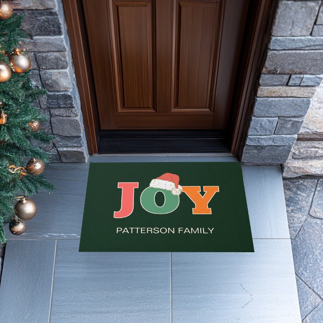 VREUGDE! Santa Hat Script Typography Custom Family Deurmat (Colorful, festive, typographic "JOY" santa hat, green, holiday door mat. Customize with your family )