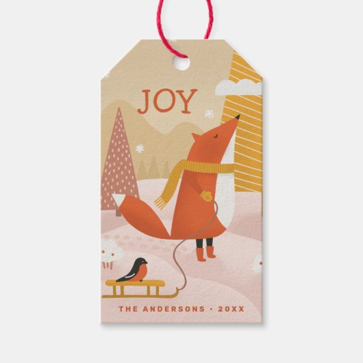 Vreugde. Schattige kerstwinter bos vossendier Cadeaulabel (Voorkant)