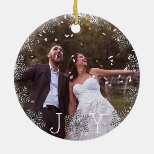 Vreugde Sneeuwvlok Onze Eerste Kerstmis als Mr & M Keramisch Ornament (Achterkant)